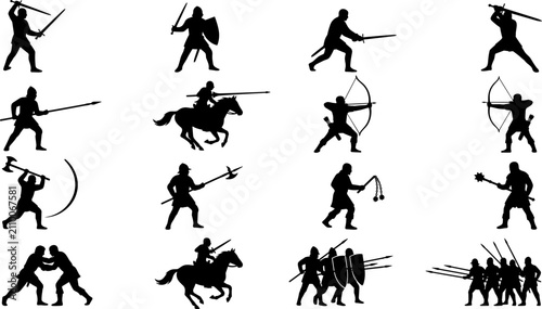 Cuadro en lienzo Medieval Warrior and Knight Silhouettes Set with Swords Spears Axes and Archer P