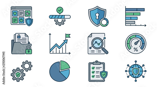 Dynamic Illustrated Icons Showcasing Key Concepts of Digital Security Analytics and Compliance in Modern Tech