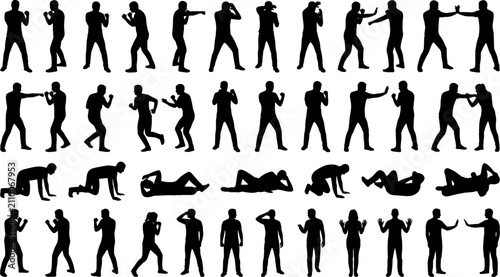 Obraz na plátně Martial Arts and Combat Sports Silhouettes, Fighting Techniques and Sparring Act