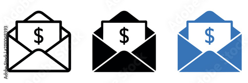 Money envelope icon set. Payment symbol. Simple pictogram collection for financial transactions, salary, banking, invoices, digital payments and business communication design.
