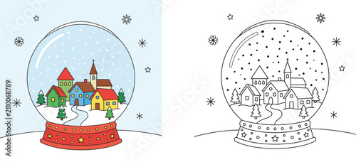 Christmas snow globe vector illustration with colored version and black and white line art coloring page for kids winter activity book