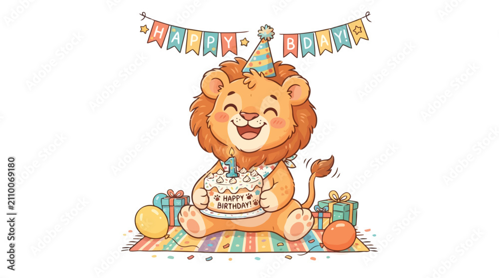 Fototapeta premium Adorable lion cub celebrating first birthday with cake and presents illustration