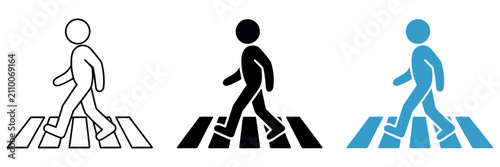 Pedestrian crossing icon set. Crosswalk symbol. Simple pictogram collection for road safety, traffic signs, transportation, navigation and public infrastructure design.
