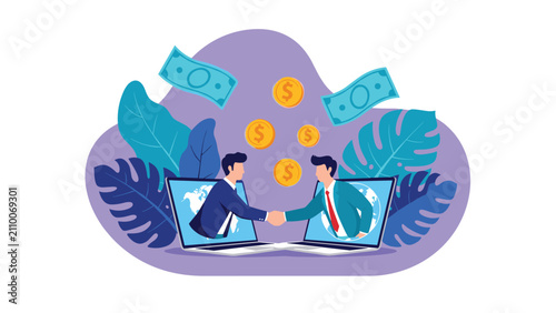 Businessmen shaking hands through laptop screens to finalize a profitable online deal and global transaction.
