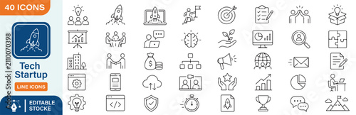 40 Tech Startup Vector Line Icons Set – Innovation, Entrepreneurship, Business Growth and Startup Development Symbols Collection