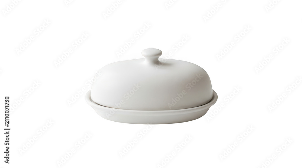 Fototapeta premium White ceramic butter dish with lid isolated on transparent background