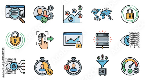 Corporate Cybersecurity and Digital Identity Management Infographic with Colorful Icons and Symbols