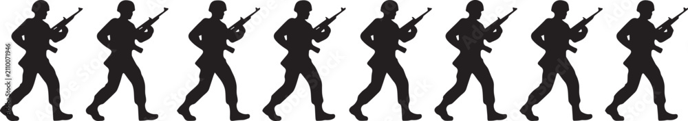 Fototapeta premium Silhouette of a group of soldiers marching in a line veterans day