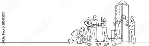 Quadro su tela Continuous one line drawing group of young business people arrange puzzle pieces to build strong building