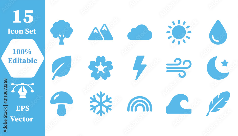 Fototapeta premium Nature and weather environment vector icon set with environment, mountain