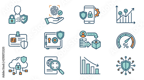 Creative Minimalist Icons Set Featuring Security Authentication Performance and Data Analytics in Blue and Orange