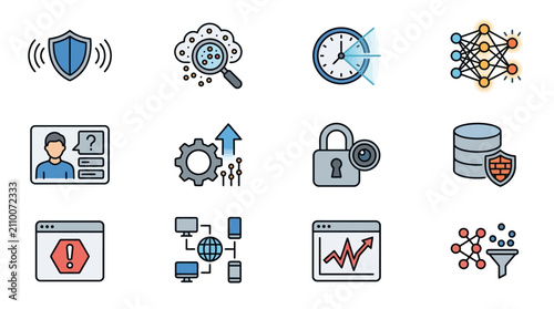 Industrial Style Icons Showcasing Cybersecurity Data Analysis Networking and System Optimization Concepts