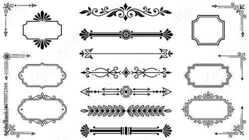 Set of elegant black decorative dividers frames and arrow elements for classic design.