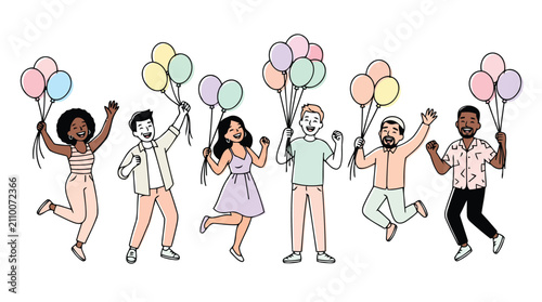Schilderij op canvas Diverse multiracial friends jumping with balloons vector illustration