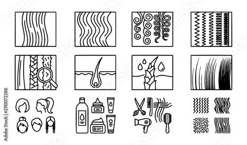 Hair Types Line Vector Icon Set Straight Wavy Curly