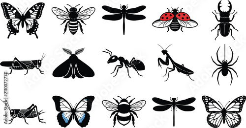 Foto Fifteen black silhouette of various insects and arachnids including butterflies,
