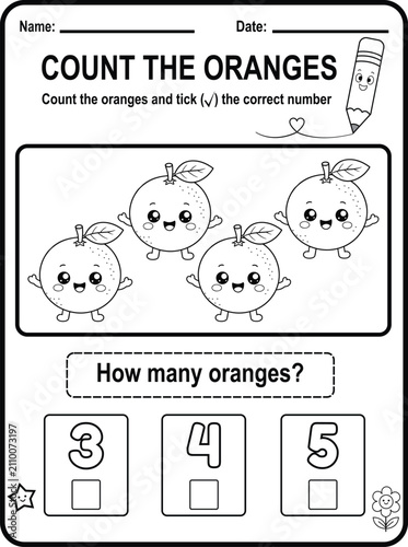Children practice counting four cute oranges while choosing the correct answer. Printable educational worksheet designed for preschool and kindergarten number recognition activities.