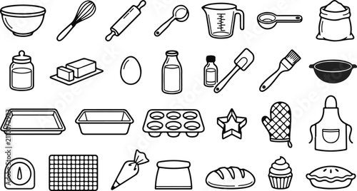 Photos Set of hand drawn baking and cooking equipment icons for kitchen preparation and