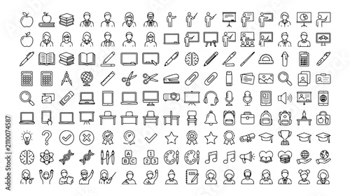 Canvastavla Education and school line icons set, 144 academic vector symbols, minimalist lea
