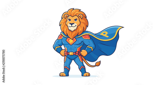 Brave superhero lion character standing with hands on hips and blue cape