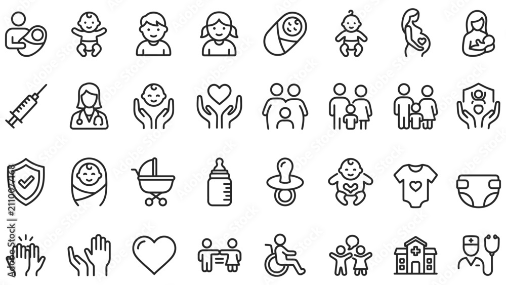 Fototapeta premium Set of line icons related to child care, international children day, kid rights, parenthood. Outline icon collection. Editable stroke. Vector illustration