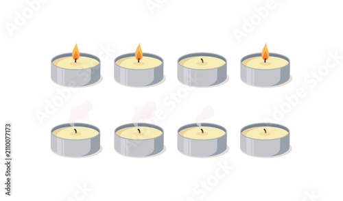 Photos Set of tea light candles in metal holders, burning, extinguished with smoke, and