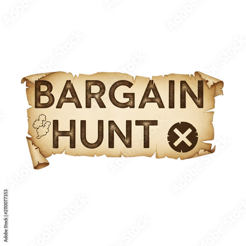 Scroll banner with text bargain hunt and treasure map icon on transparent background.