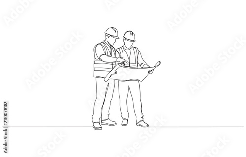 young company manager do quality control to sketch draft blueprint design continuous one line drawing.