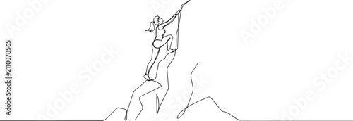 Tableau sur toile Single continuous line drawing attractive woman climbing a steep cliff, symbolizing adventure, strength, determination, and thrill of ascent