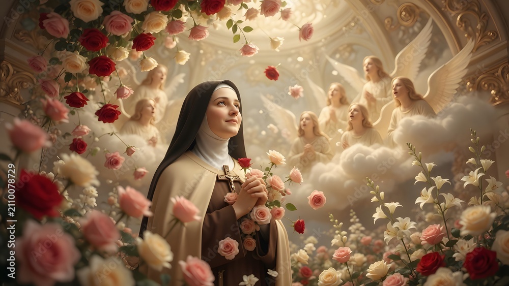 Obraz premium Saint Thérèse of the Child Jesus, thousands of red and pink roses descending among subtle angelic silhouettes surrounding her in a gentle heavenly choir, serene celestial chamber with golden clouds, l