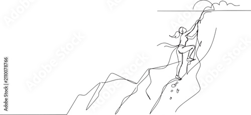 Tableau sur toile Single continuous line drawing attractive woman climbing a steep cliff, symbolizing adventure, strength, determination, and thrill of ascent