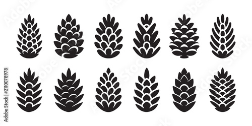 Konstfotografi Twelve different black pine cone vector shapes for floral and forest nature design elements