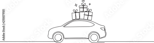 Continuous One Line Drawing of Car Carrying Gift Boxes for Christmas and Birthday Celebration Vector Illustration. One Line Icon Drawing