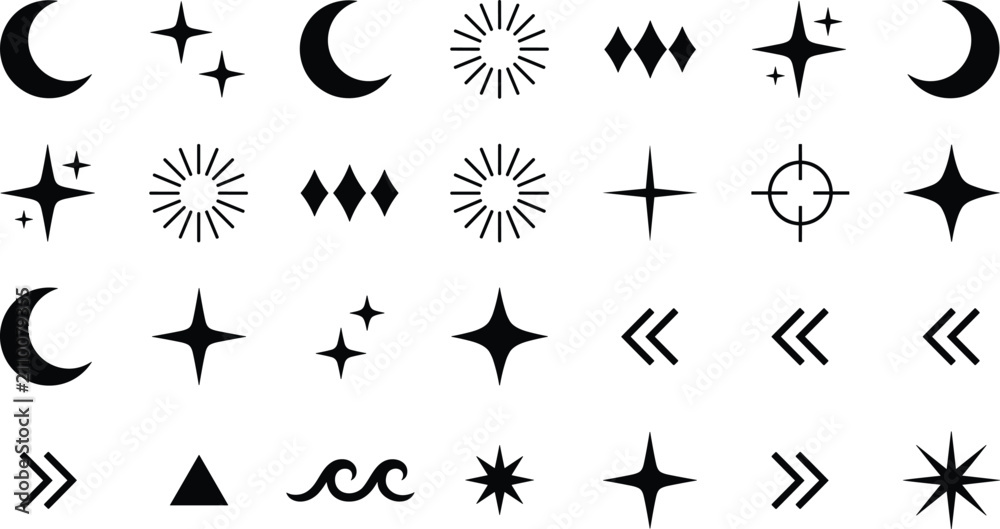 Fototapeta premium Celestial Moon and Sparkle Symbol Icon Set with Sunbursts, Stars, Arrows, Target Marks, Waves, and Minimal Geometric Vector Elements