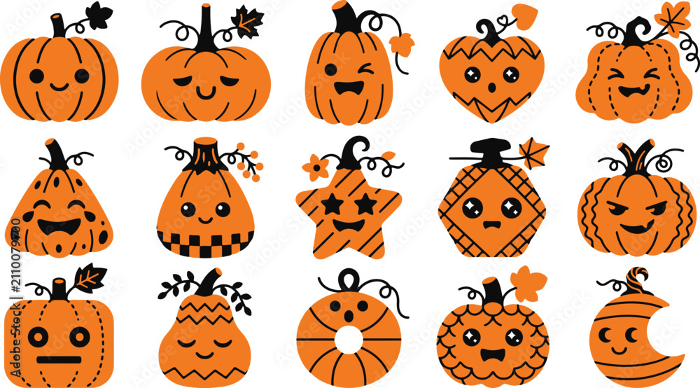 Fototapeta premium Set of cute hand drawn pumpkins with funny faces for halloween decorations and autumn seasonal design elements