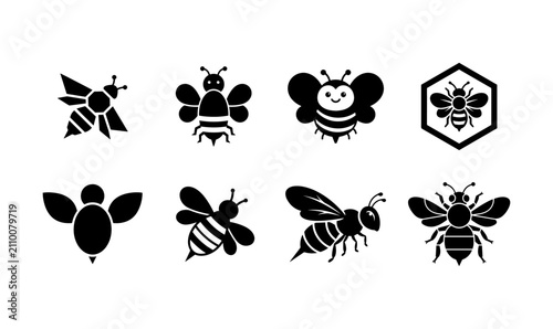 Quadro su tela Bee Black Vector Illustration Collection Set on PNG Background, bee, honey bee,