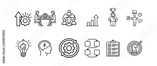 Business Productivity Flat Line Art Icons Collection Vector Set On Png Background, business, productivity, line art, outline icon, flat icon, workflow, work process, process, strategy, priority, 