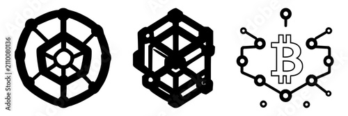 Blockchain node connection icon set with fintech symbols featuring modern flat design with isolated white background and corporate style