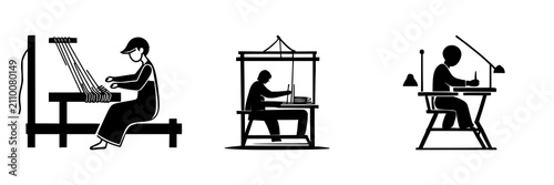 Weaver loom person set with minimalist pictogram with heavy bold lines on white background featuring weaver, loom, textile craft with minimalist and bold line