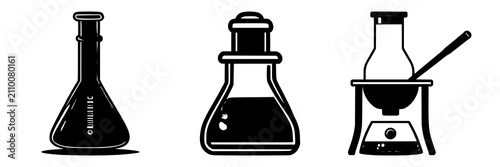 Bunsen burner icon set with bold black outlines on white background featuring laboratory equipment symbol and solid fill