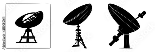 Satellite dish icon set with pixel perfect minimal outline style featuring telecommunications signal, satellite, iconography with satellite dish and telecommunications