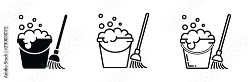 Bild auf Leinwand Mop and bucket icons illustrating cleaning equipment, housekeeping, and sanitati