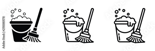Tableau sur toile Mop and bucket icons featuring cleaning equipment in flat, outline, and hand dra