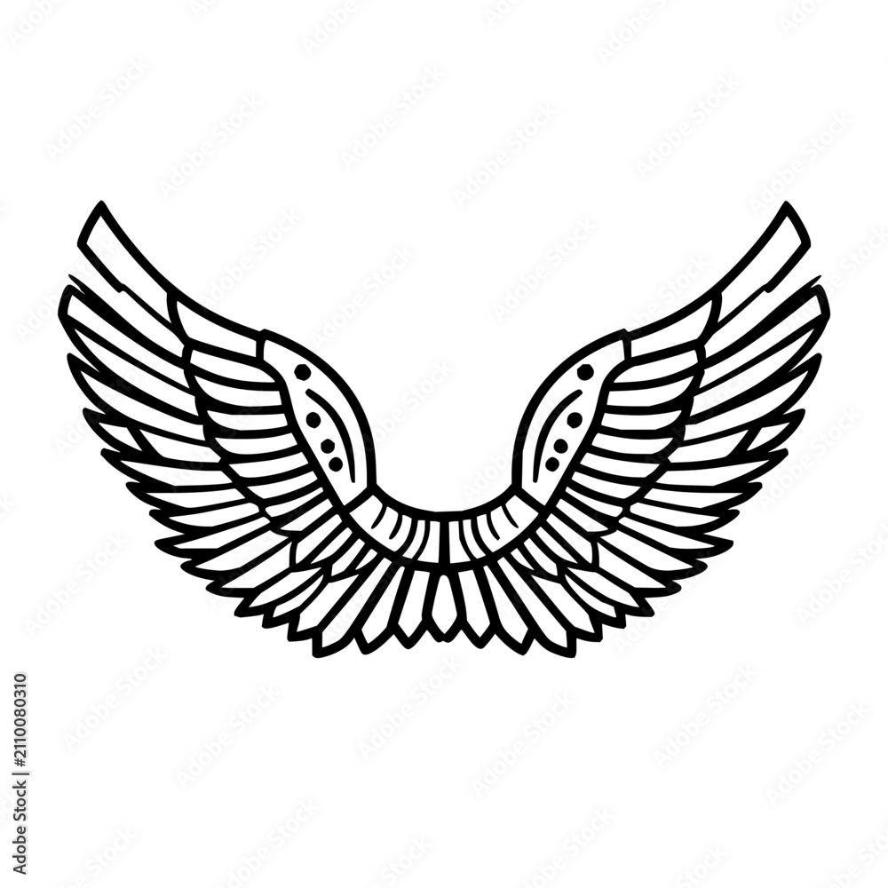 Fototapeta premium Symmetrical pair of stylized wings in black and white line art for freedom concept