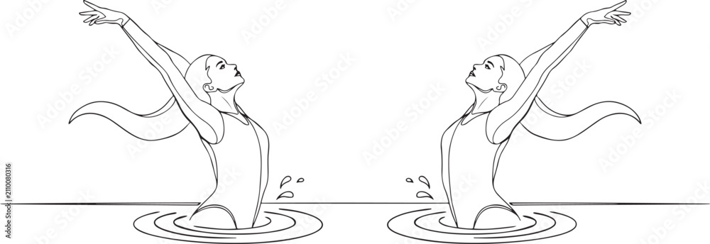 Obraz premium two women are performing synchronized arm extensions above water surface. Precision and fluid motion of aquatic sport.one line drawing