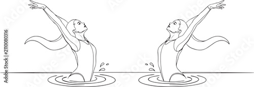 Foto two women are performing synchronized arm extensions above water surface