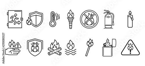 Foto Fire Safety & Heat Flat Line Art Icons Collection Vector Set on PNG Background,