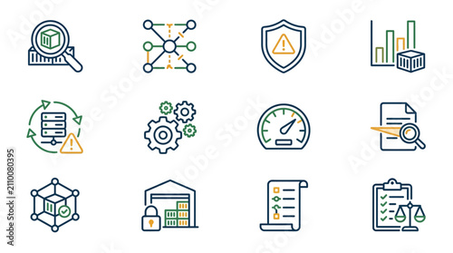 Industrial Style Icons Showcasing Data Management Security Automation and Compliance Concepts in Green Orange and Blue