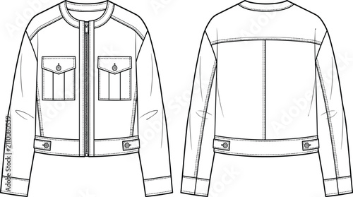Fashion technical flat sketch of women collarless zip up denim jacket front and back view