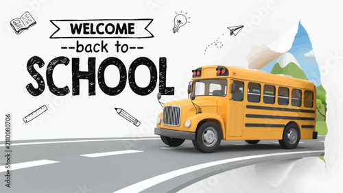 school bus jumping out from notepad, back to school 